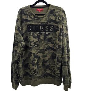 Guess Sweater Mens XL Green Camouflage Los Angeles Camo Sweatshirt Logo